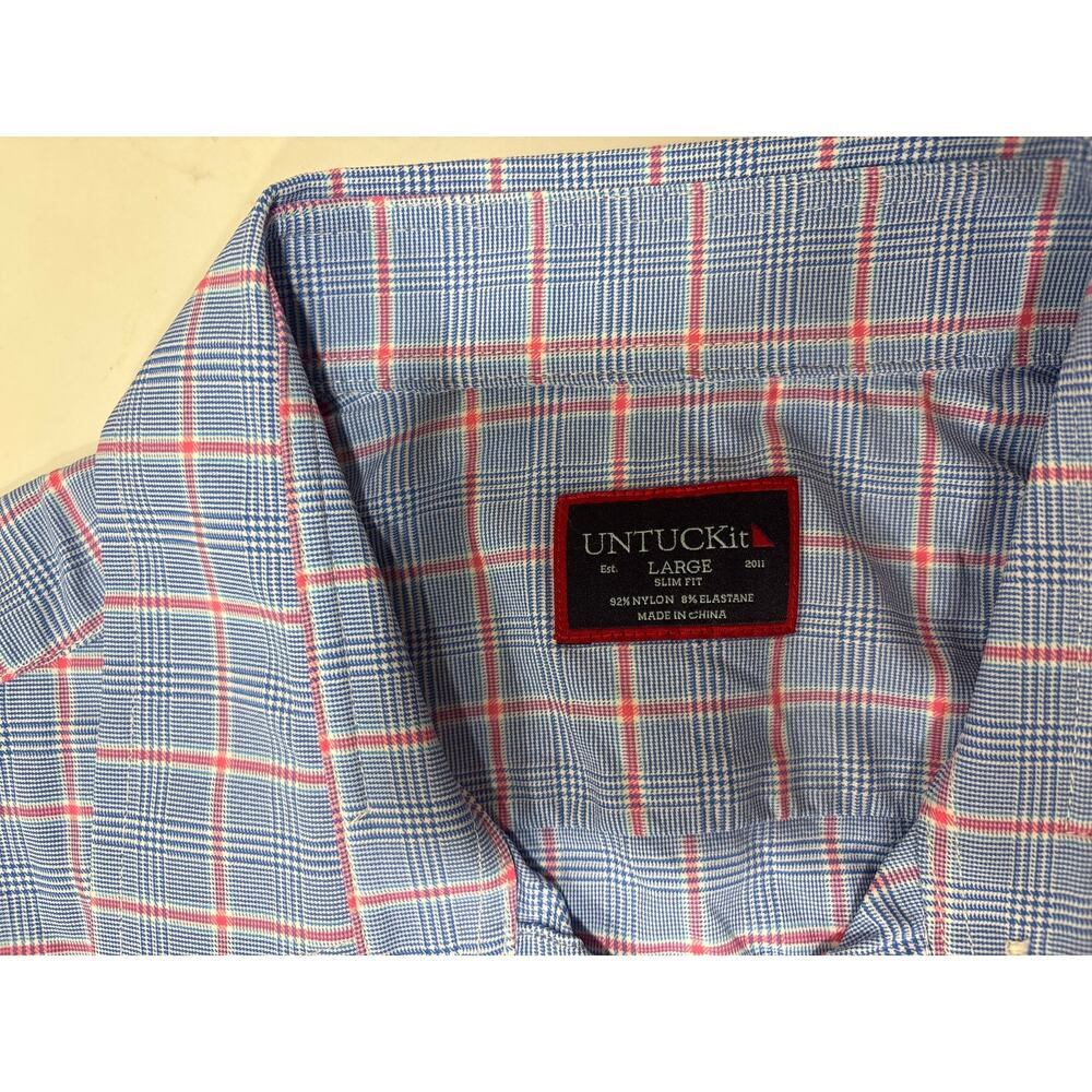 Untuckit Shirt Men's L Blue Pink Plaid Slim Fit Stretch Long Sleeve Button Down